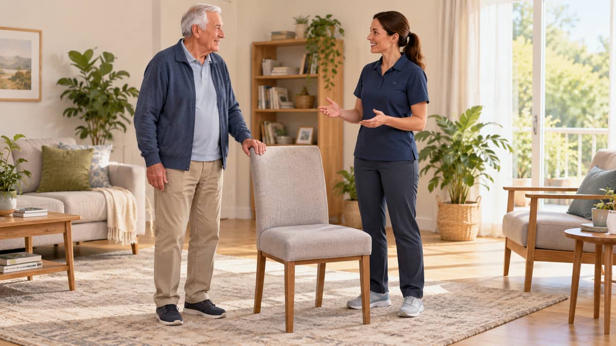 Illustration of an older adult discussing supported balance practice with a physiotherapist