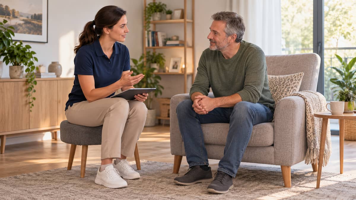 Illustration of a physiotherapist discussing everyday movement during a home visit