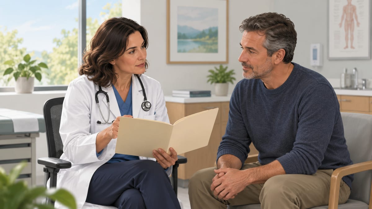Illustration of a physician reviewing health history with an adult patient