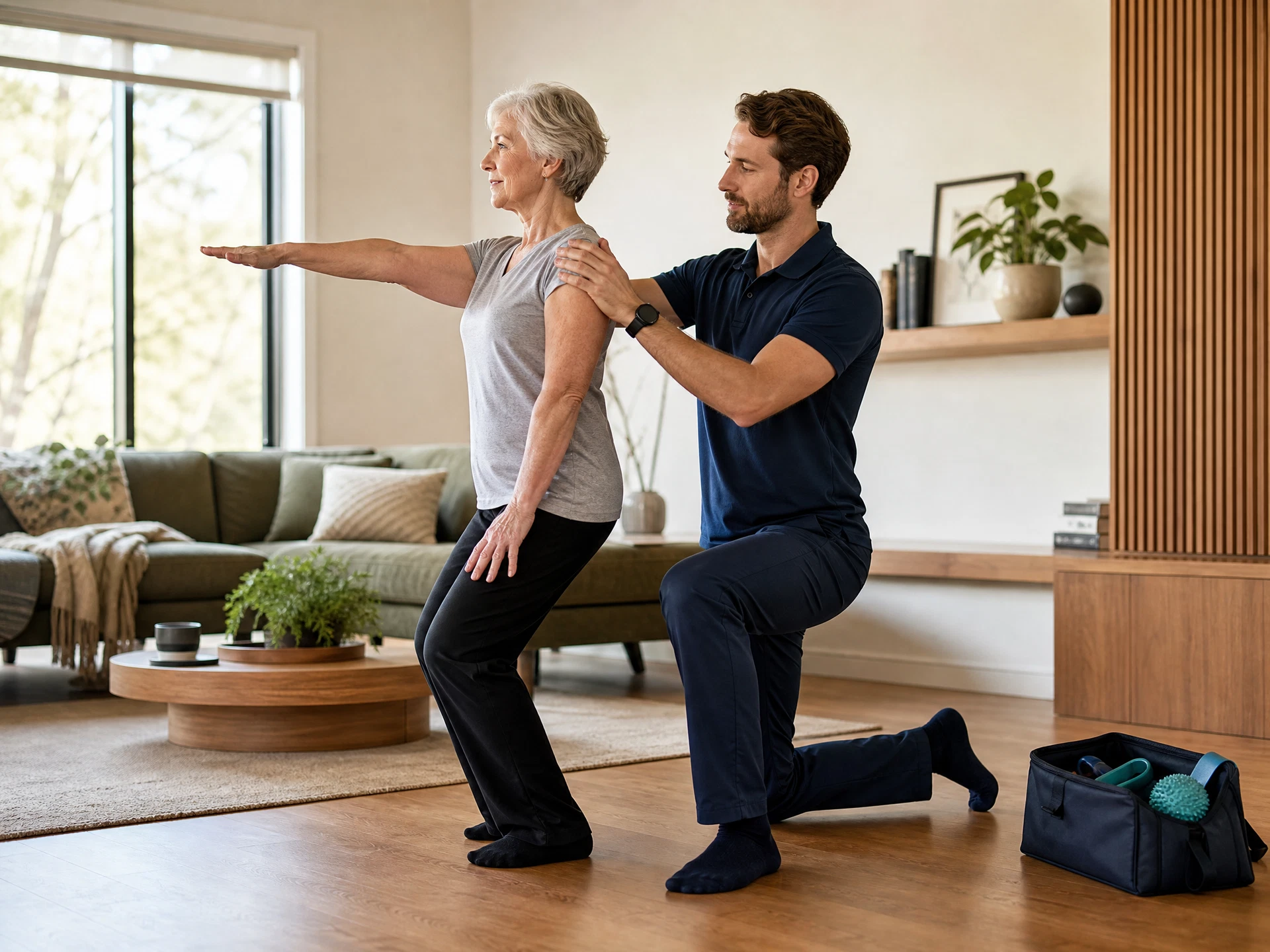 A physiotherapist supporting a client at home